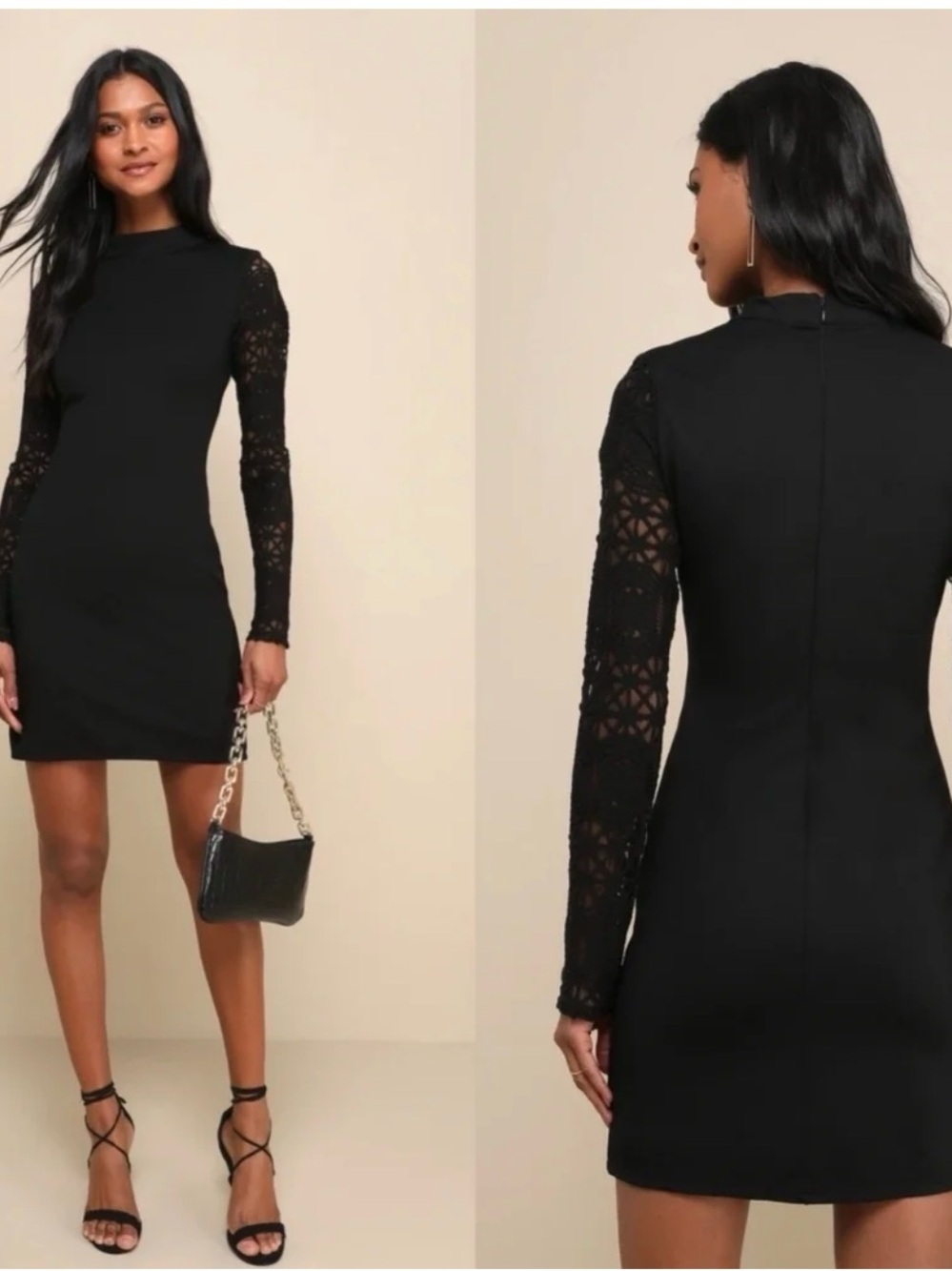 Lulu's Black Lace-Sleeve High-Neck Mini Dress